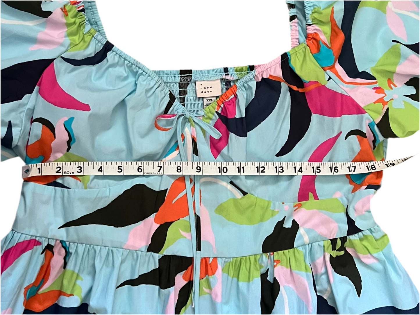 Blue cotton dress with abstract floral design, XXL