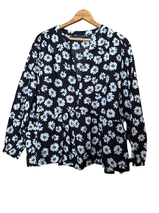 Floral blue 100% cotton peplum top, Size XXL