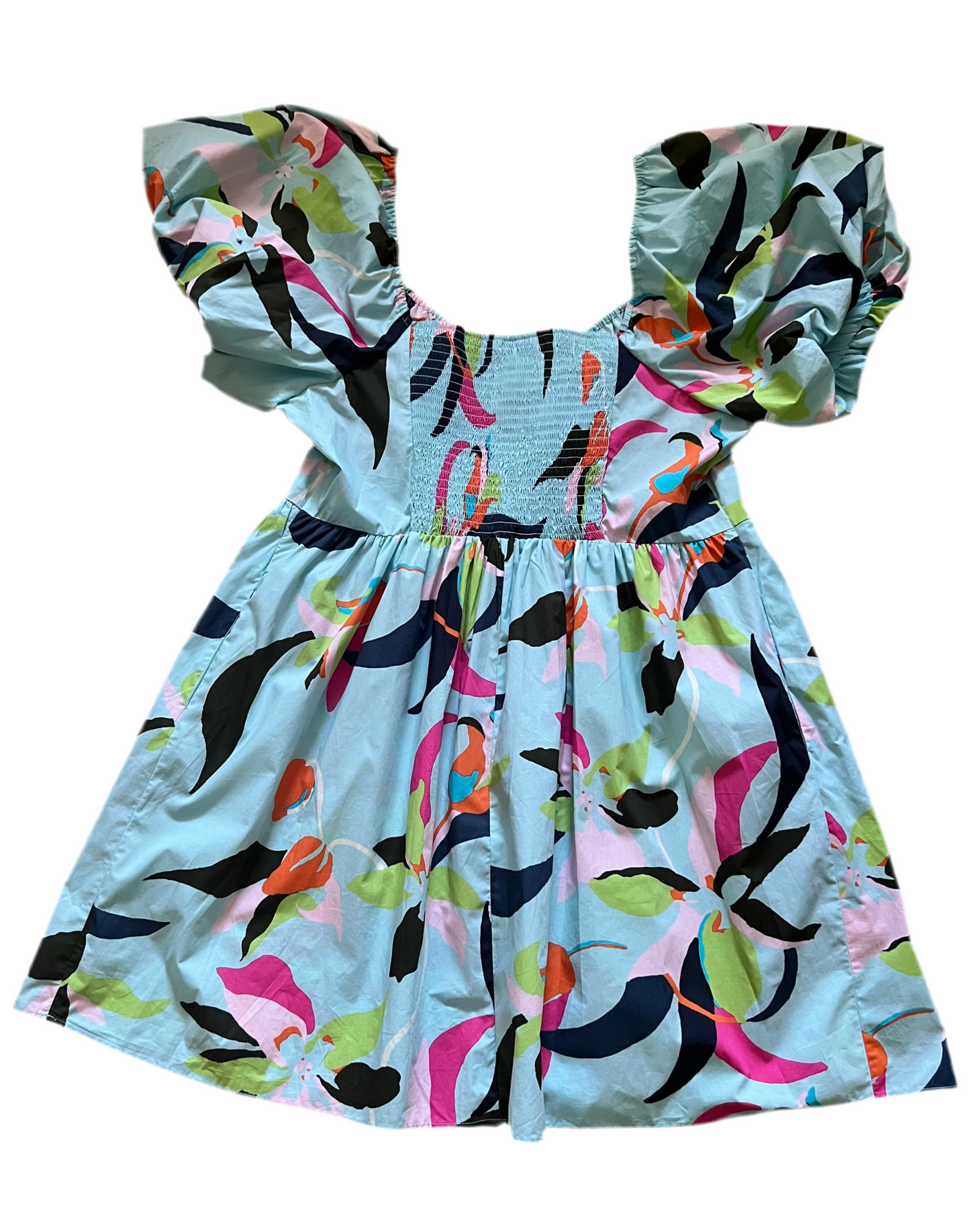 Blue cotton dress with abstract floral design, XXL